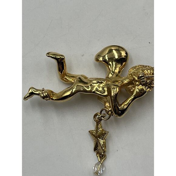 Kirks Folly Two Angel Cherub Star Crystal Gold Tone Pin Brooch - Picture 8 of 13